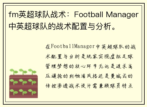 fm英超球队战术：Football Manager中英超球队的战术配置与分析。